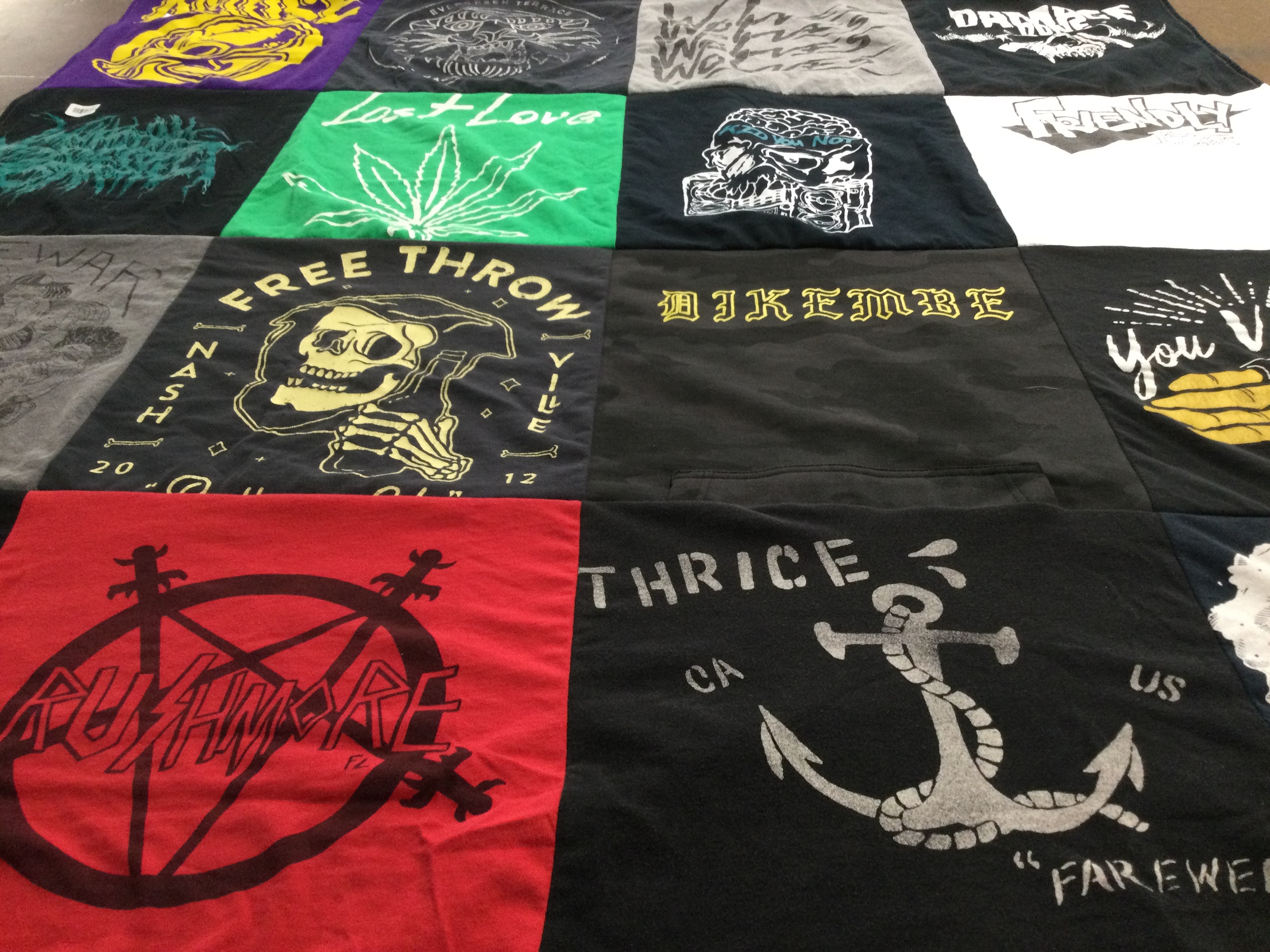 T-shirt quilt with music, skateboarding themes by Amy from FL