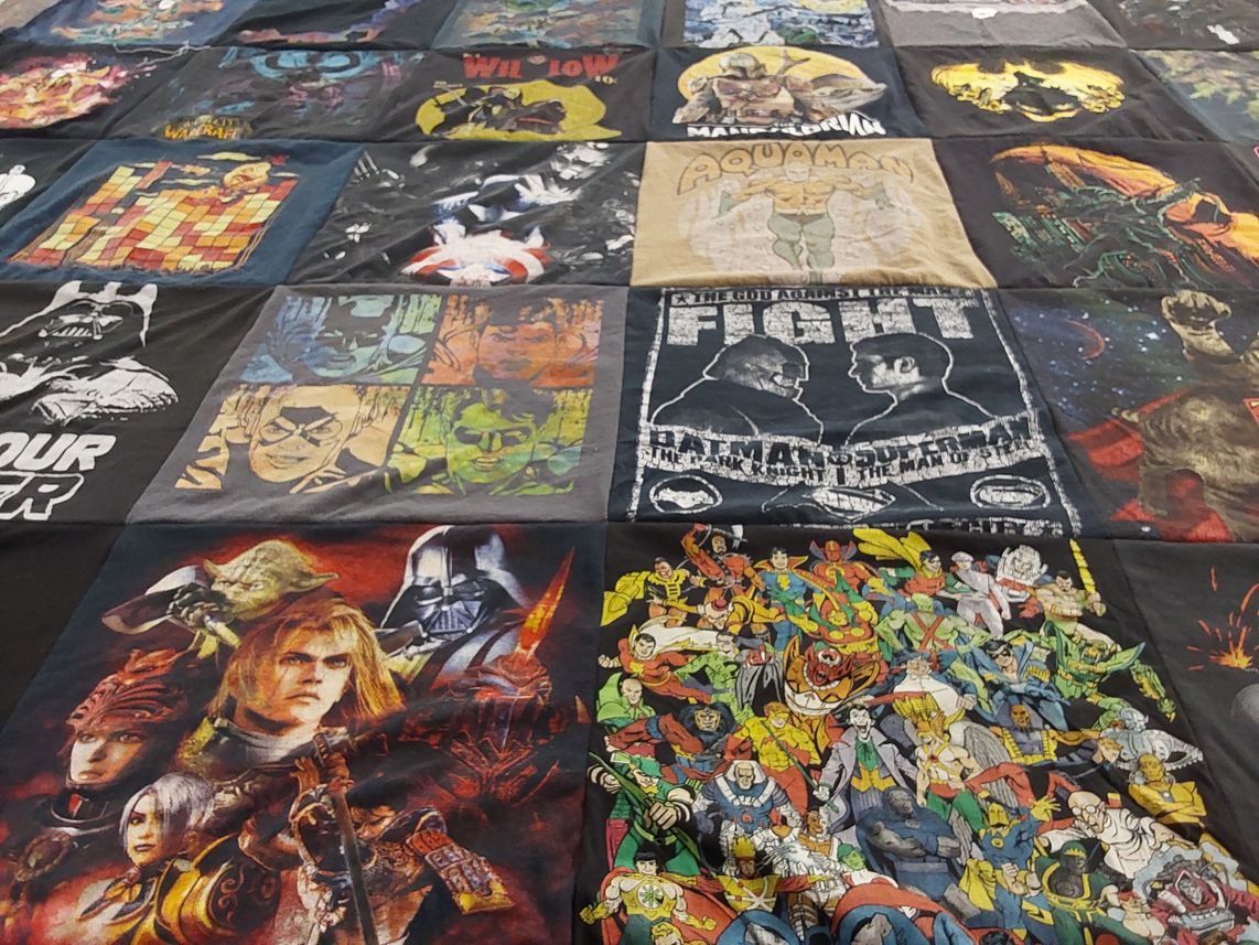 T-shirt quilt with comics, superheroes themes by Sabina from FL