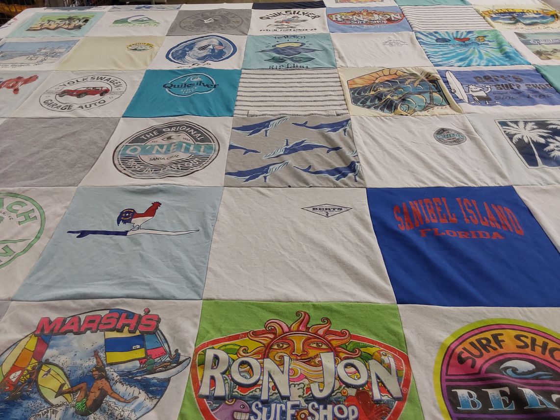 T-shirt quilt with surfing, beach activities themes by Michelle from NC