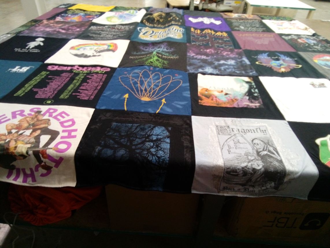 T-shirt quilt with music, theatre themes by Angela from IN