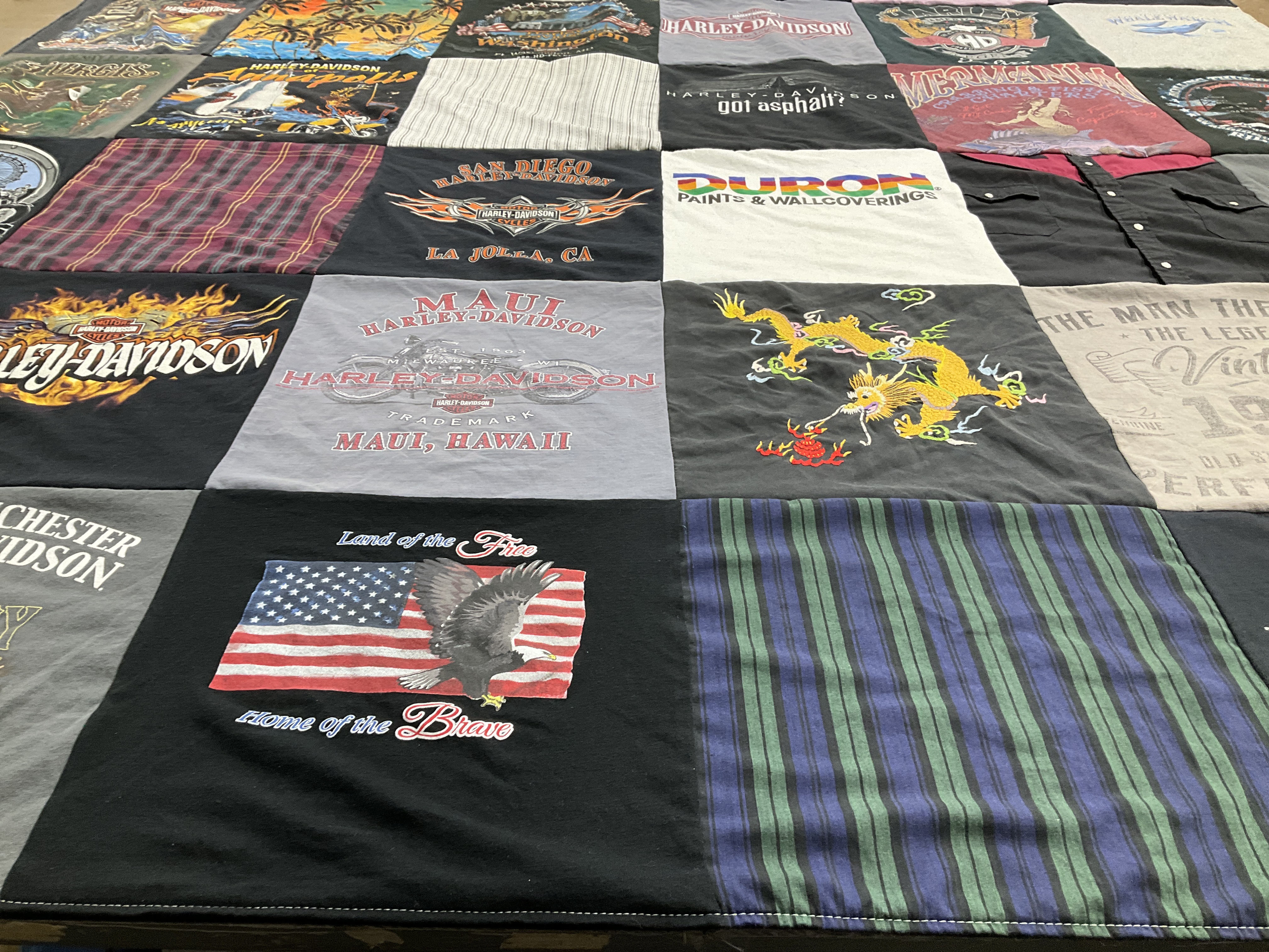 T-shirt quilt with motorcycles, american culture themes by Patricia from MD