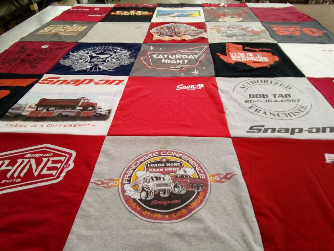 T-shirt quilt with automotive, mechanics themes by Jill from WI