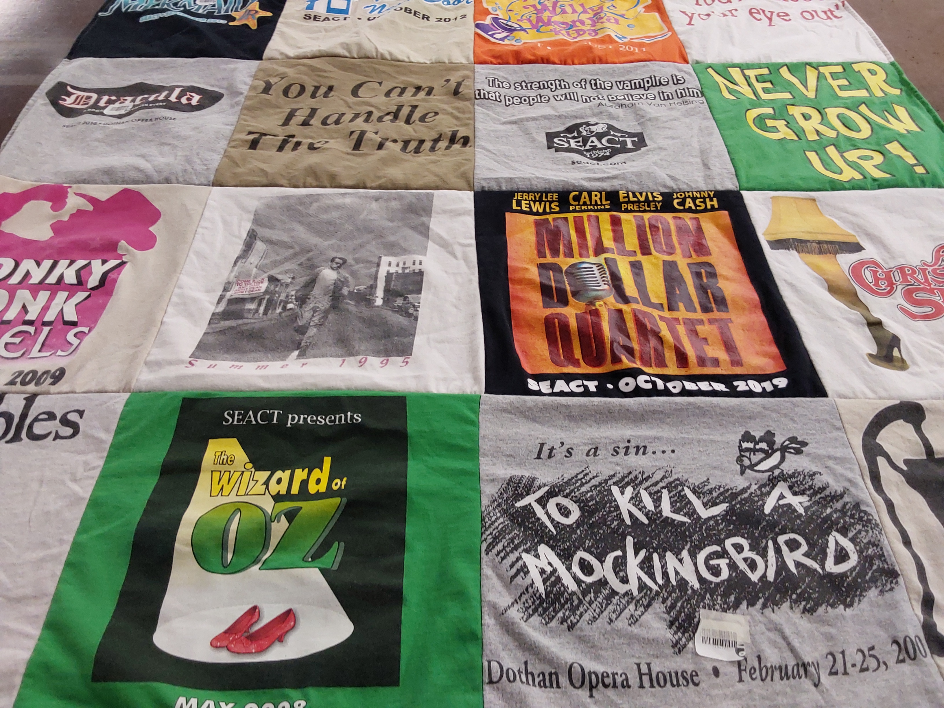T-shirt quilt with theater, musicals themes by Amy from MS