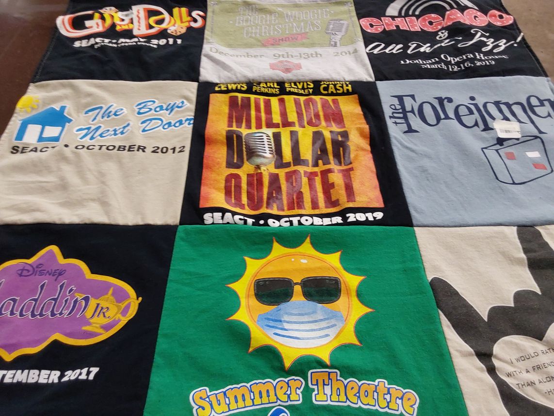 T-shirt quilt with theatre, musicals themes by Amy from MS