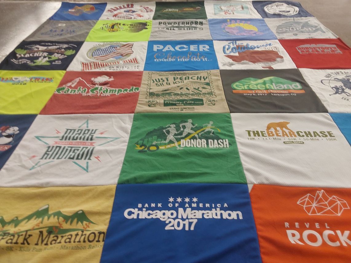 T-shirt quilt with running, marathons themes by Laurie from CO