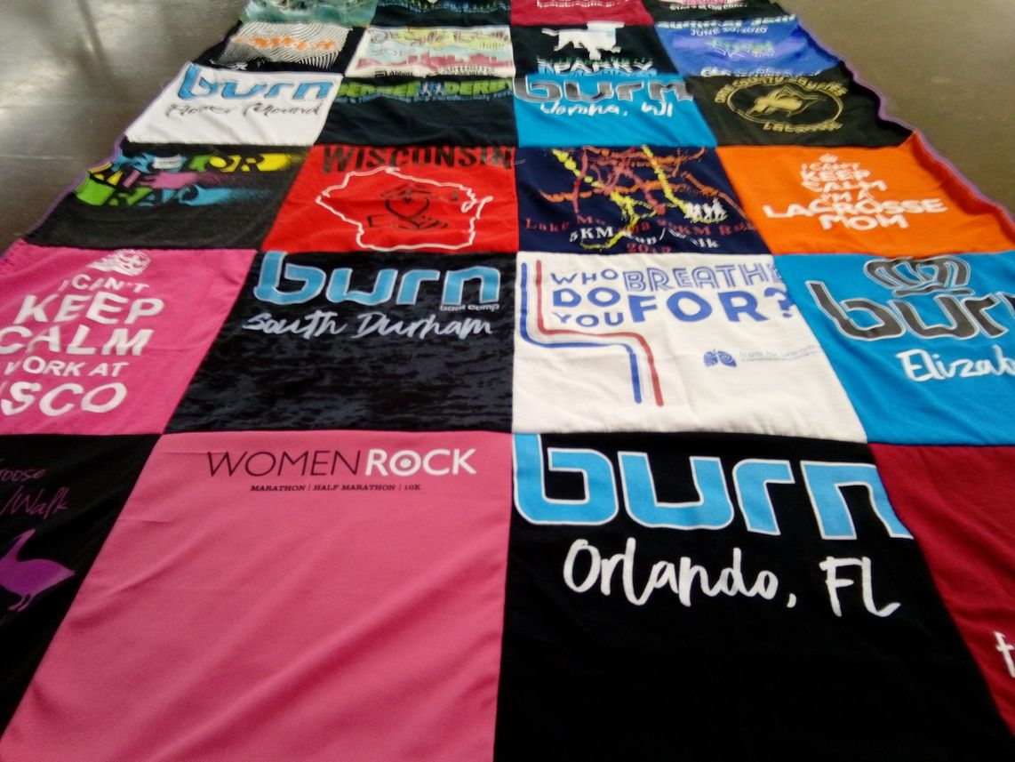 T-shirt quilt with running, fitness themes by Joanne from WI