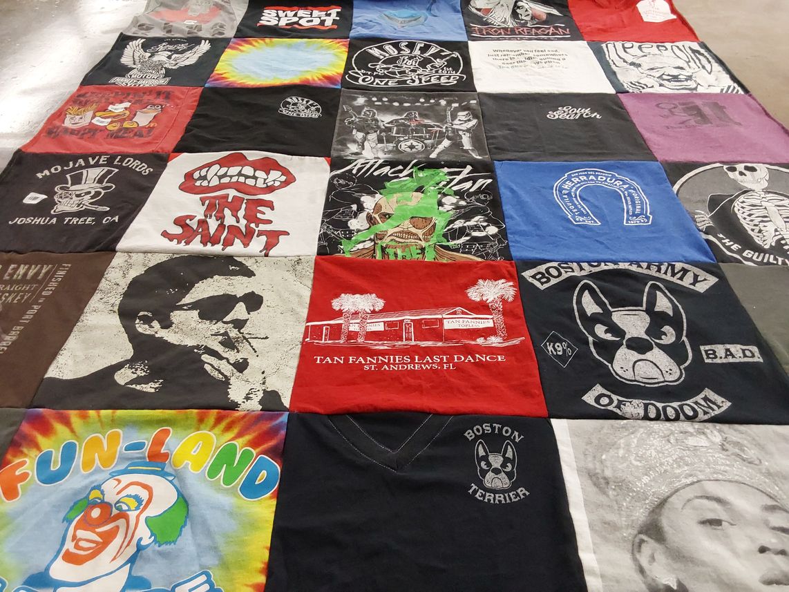 T-shirt quilt with music, art themes by Abigail from FL