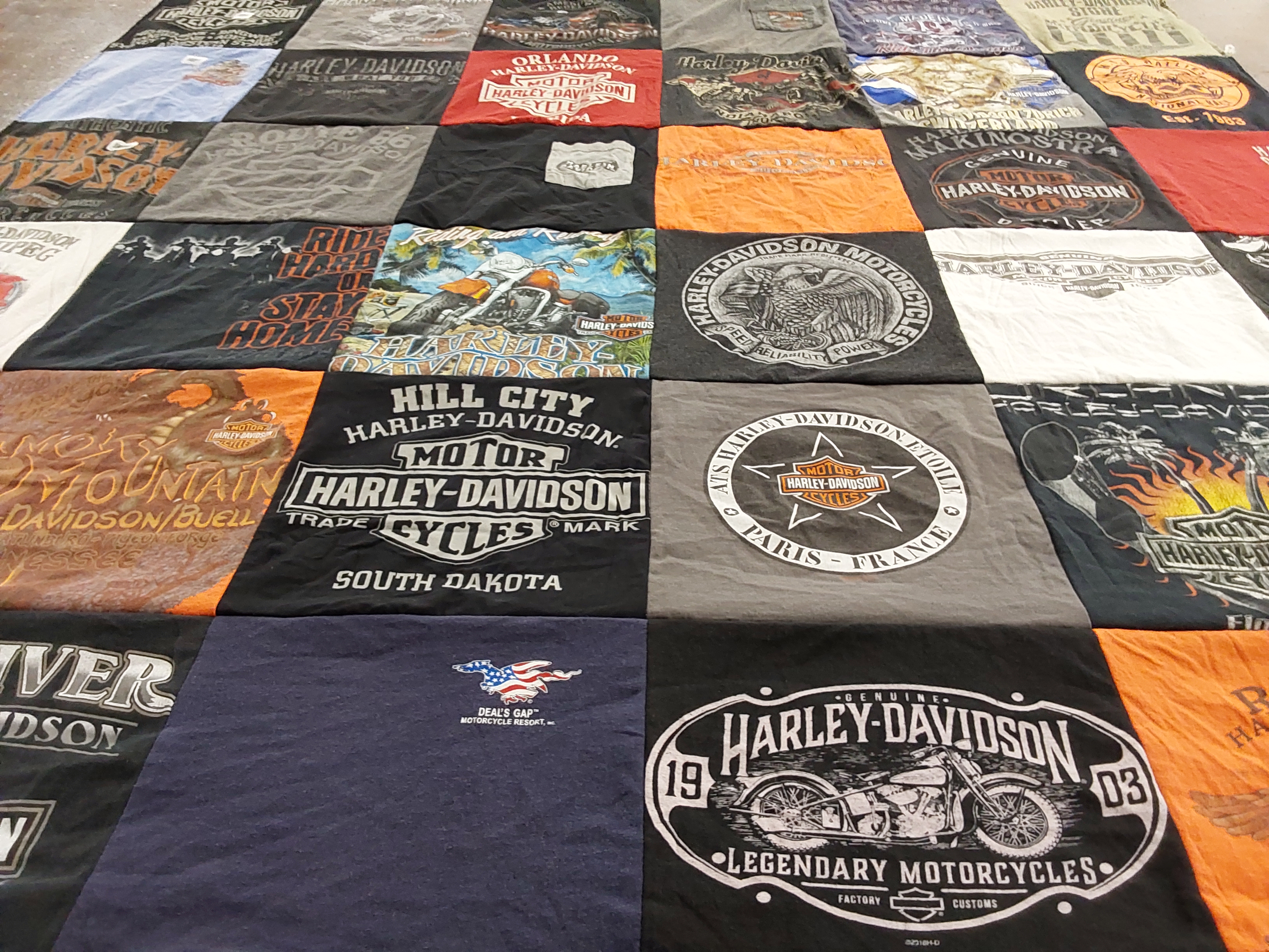 T-shirt quilt with motorcycles, biking themes by Katie from IN