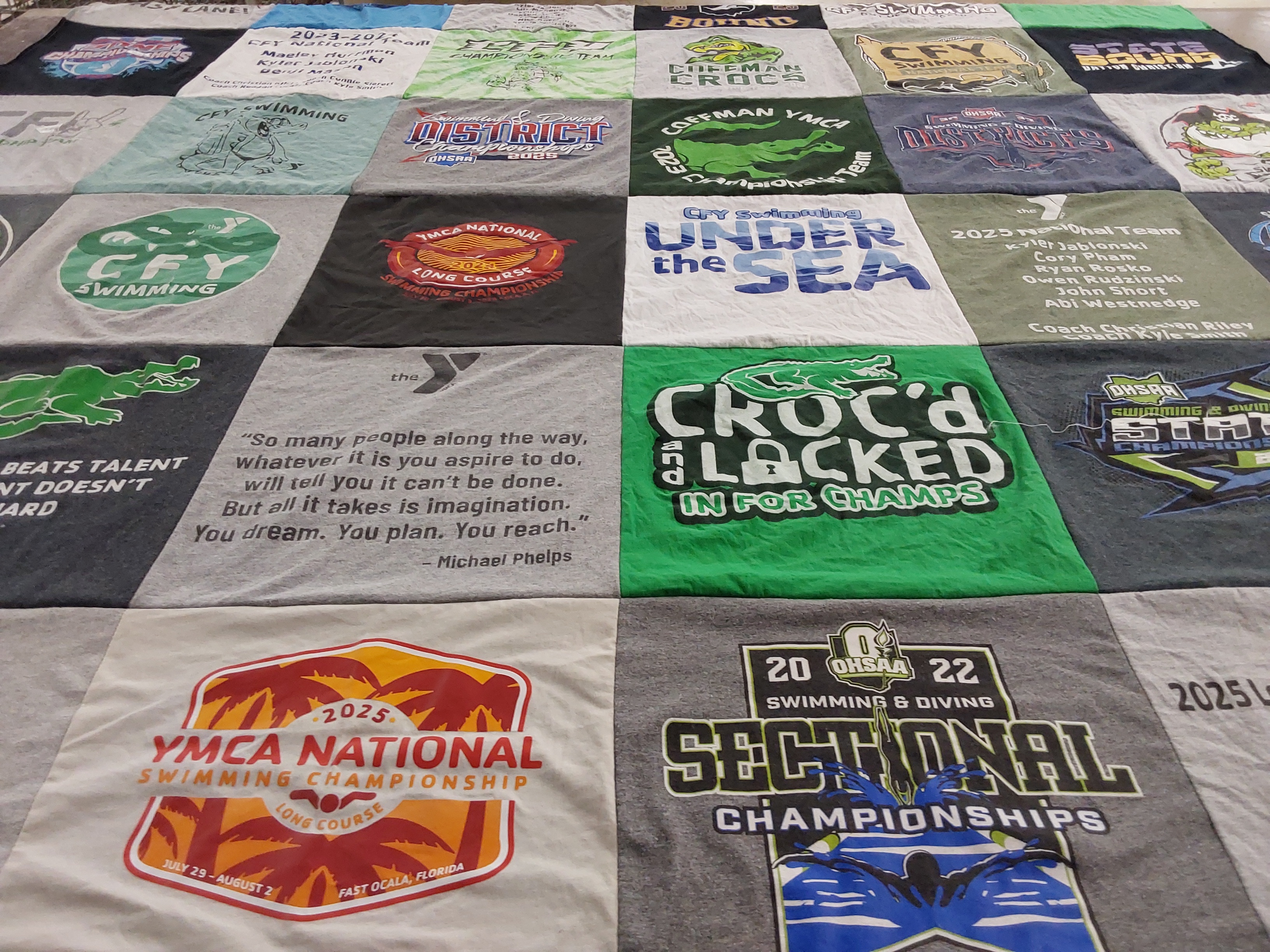 T-shirt quilt with swimming, sports themes by Melissa from OH