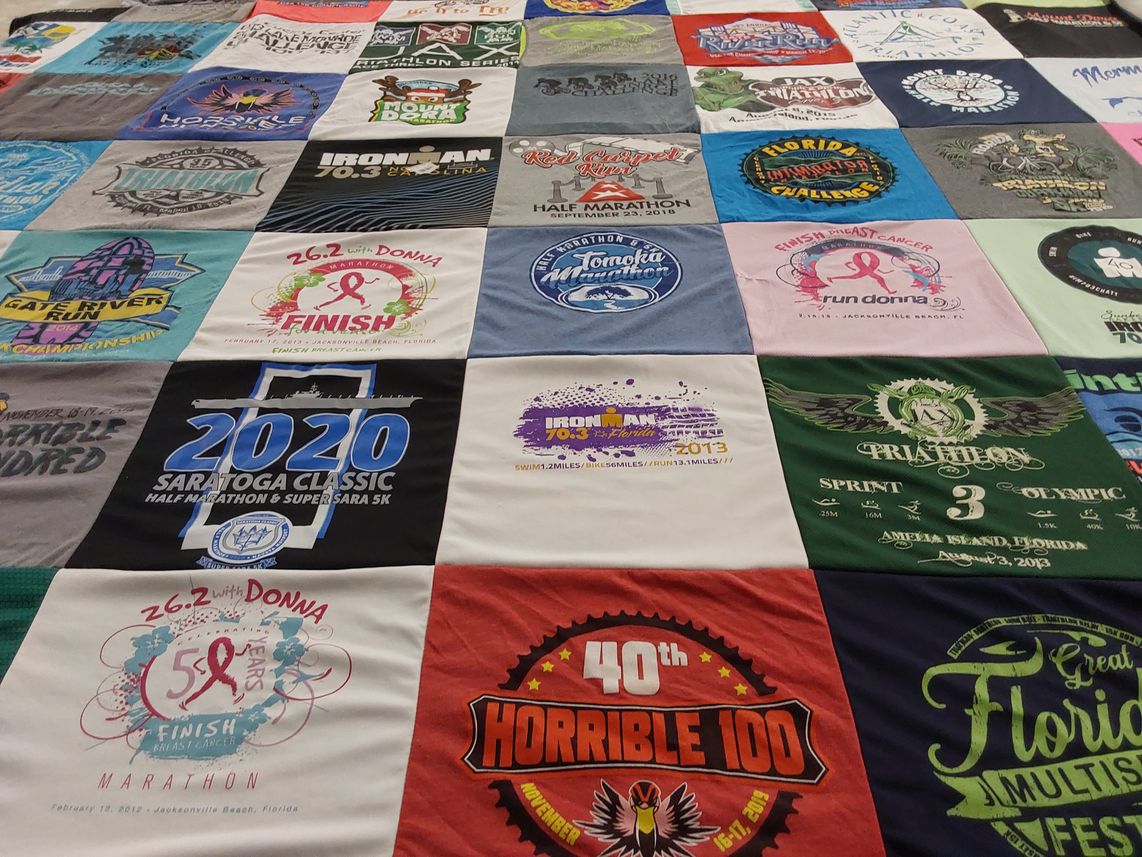 T-shirt quilt with running, marathon themes by Kathleen from FL