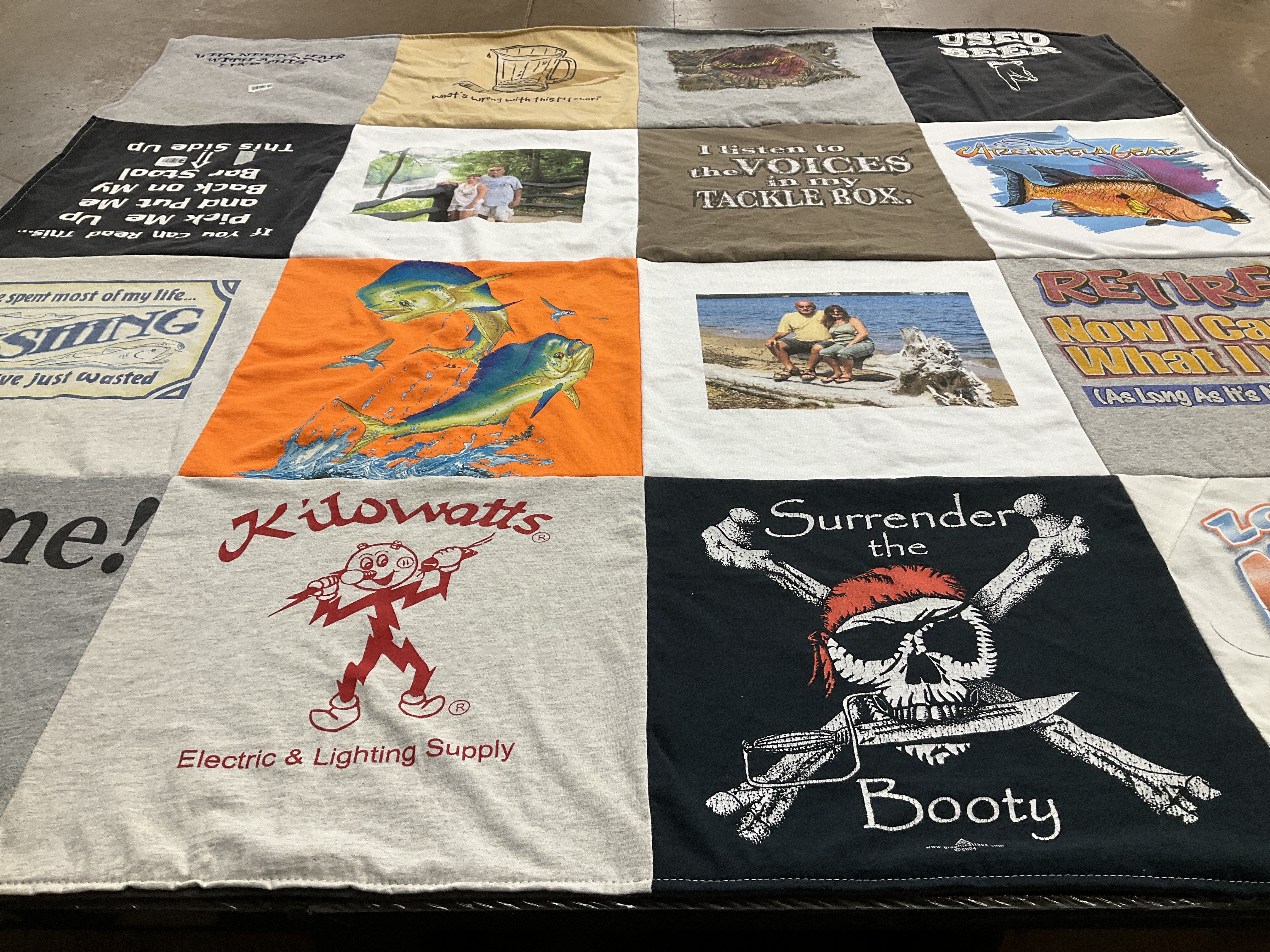 T-shirt quilt with fishing, retirement themes by Jennifer from MI