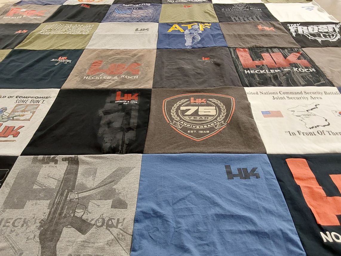 T-shirt quilt with firearms, military themes by Michael from VA