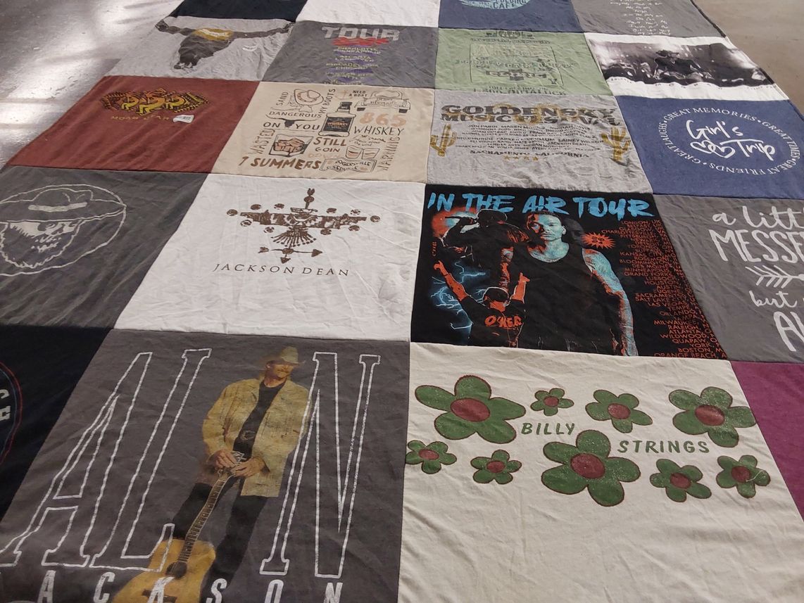 T-shirt quilt with music, concerts themes by Melanie from CA