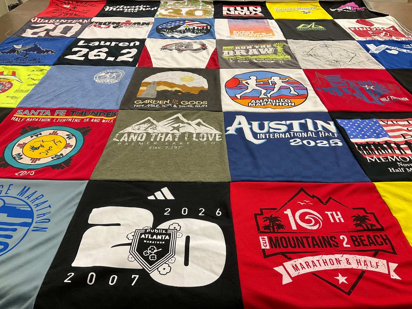 T-shirt quilt with running, marathons themes by Lauren from CO