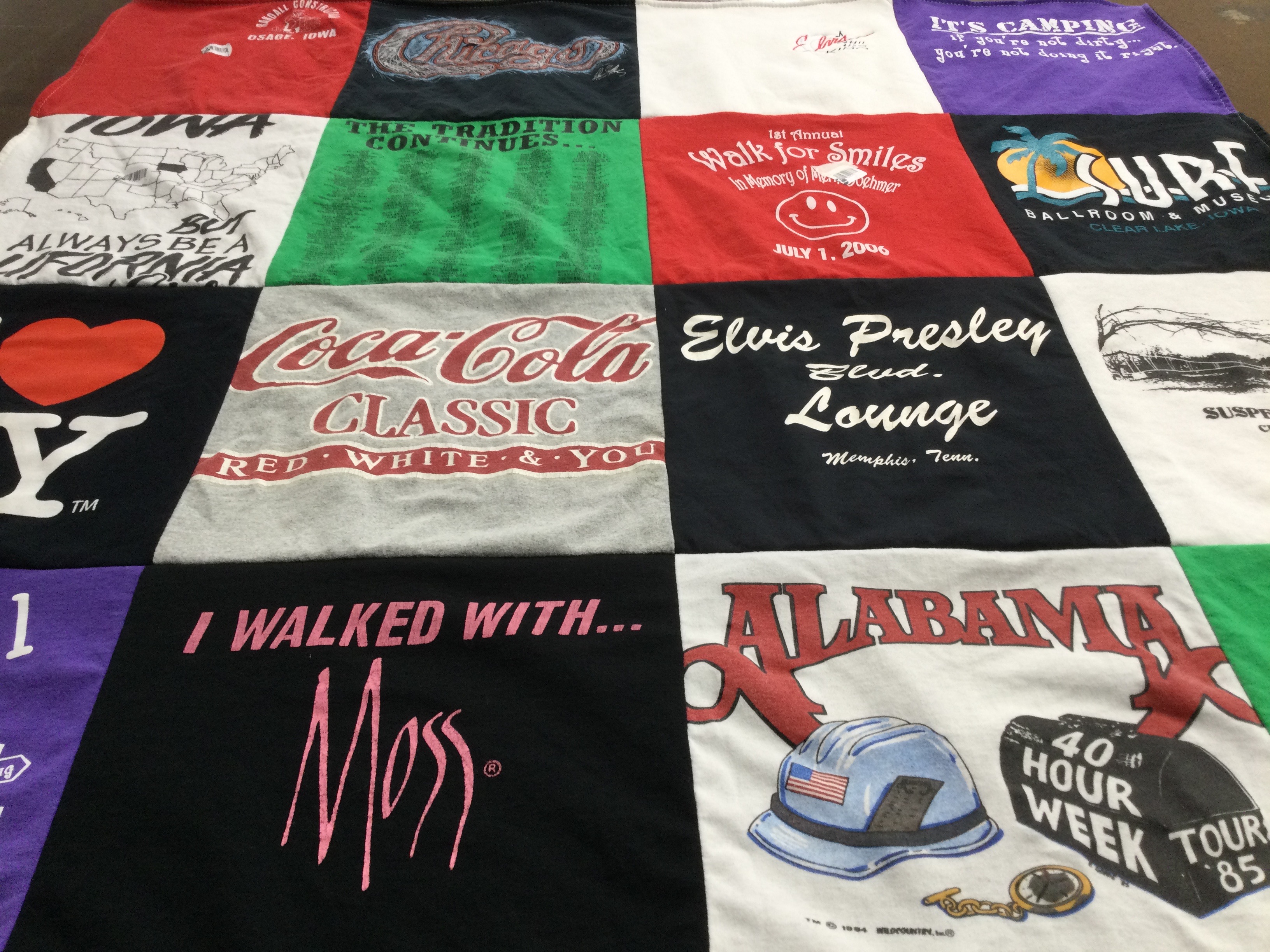T-shirt quilt with music, outdoor activities themes by Deb from IA