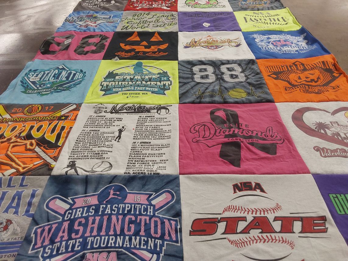 T-shirt quilt with softball, sports themes by Mesquite from NV
