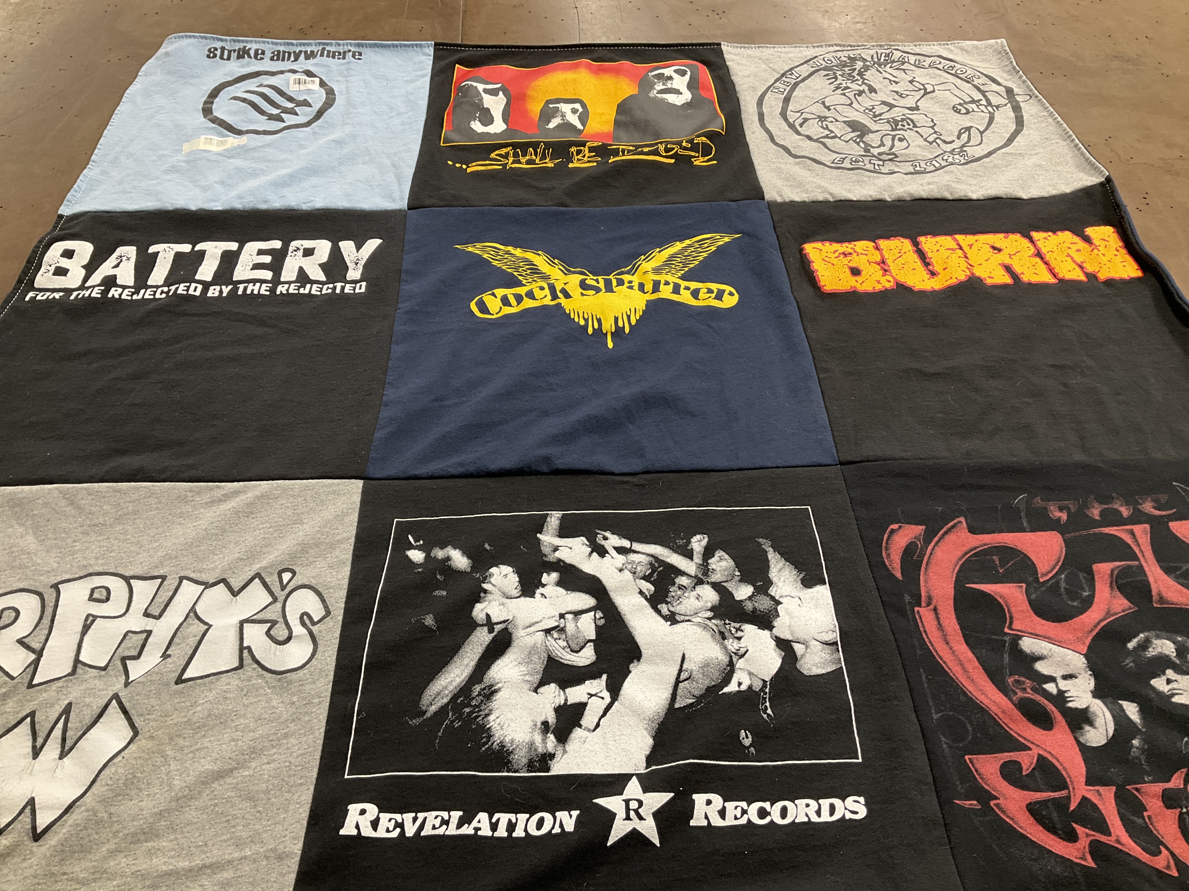 T-shirt quilt with music, punk themes by Taw from TX