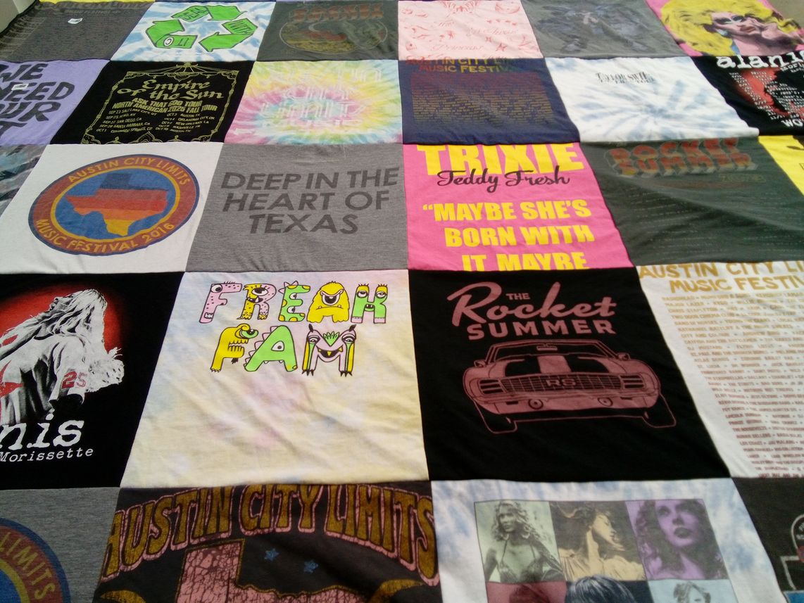T-shirt quilt with music, festivals themes by Monica from TX