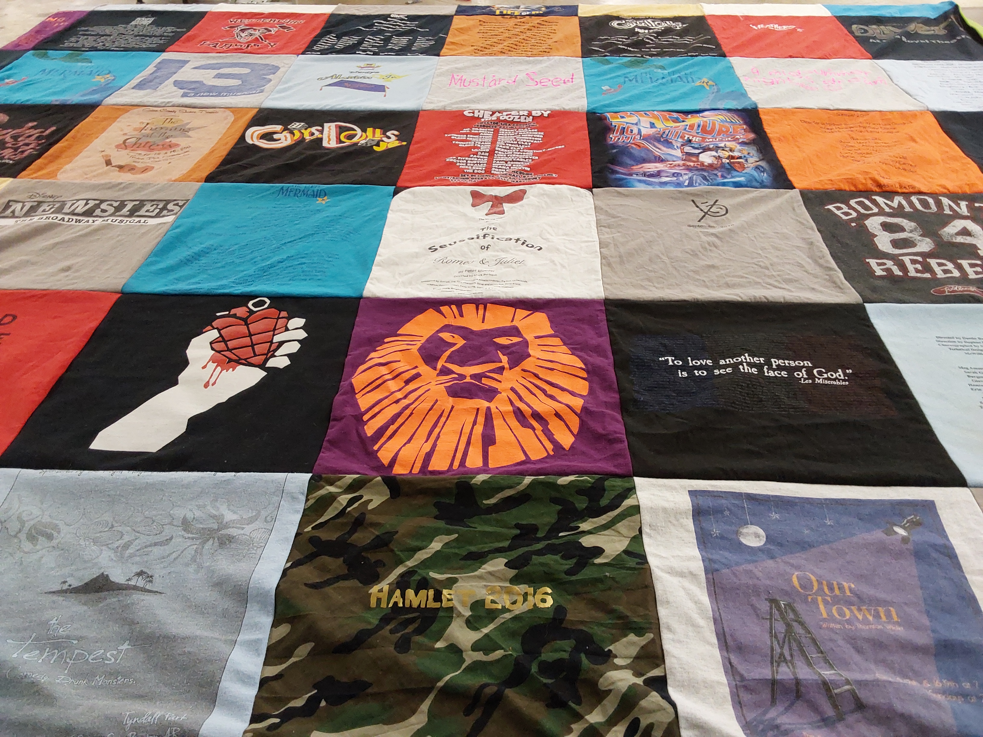 T-shirt quilt with theater, musicals themes by Melissa from AR