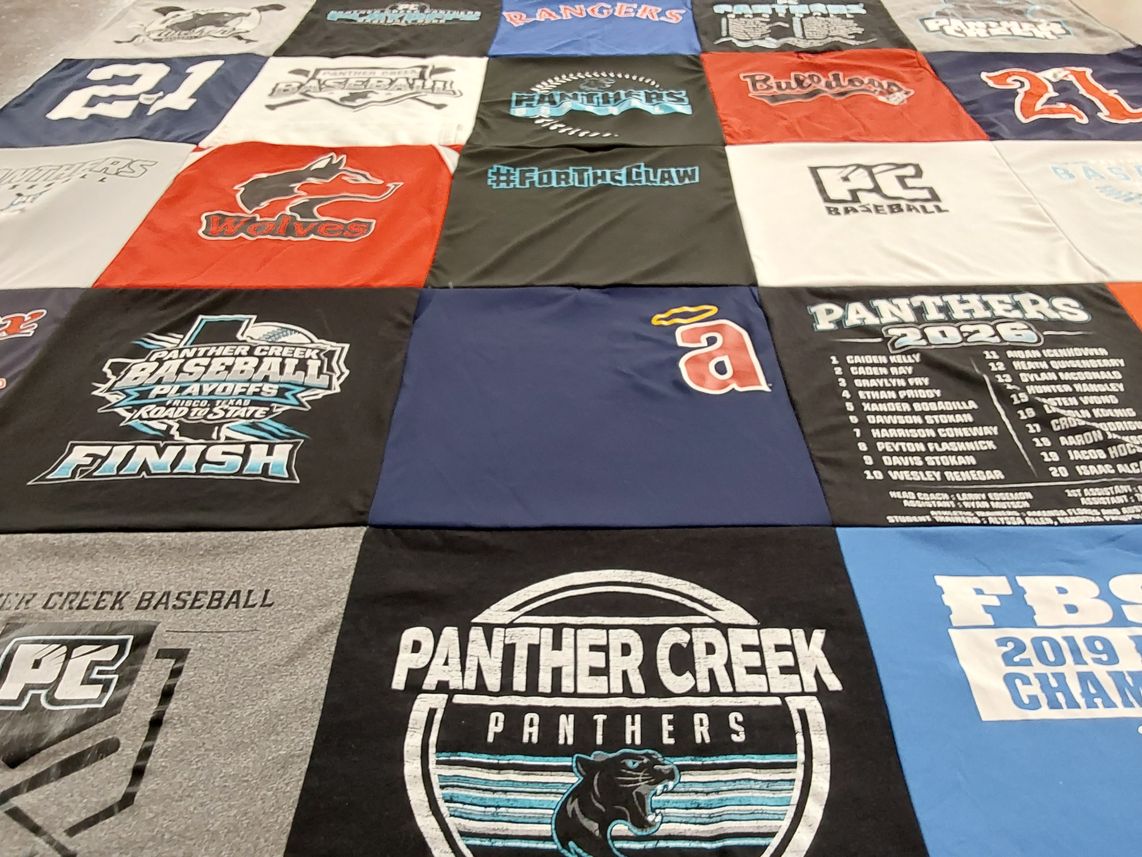 T-shirt quilt featuring panther creek panthers baseball team by Linda from TX