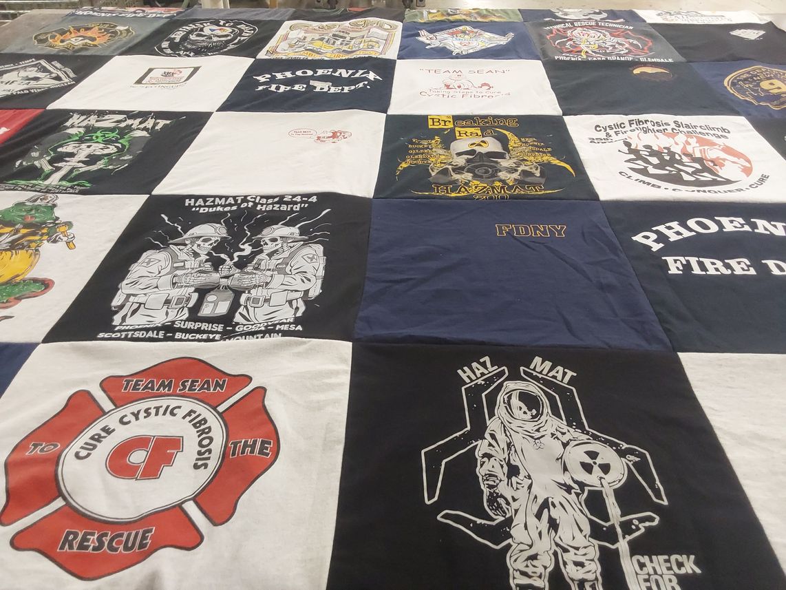 T-shirt quilt with cystic fibrosis, hazmat responses themes by Patricia from AZ