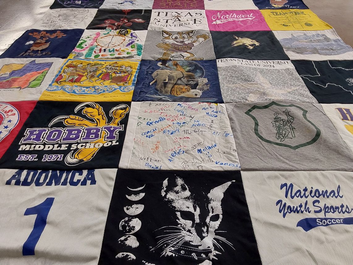 T-shirt quilt from hobby middle school, texas state university by Ariscela from TX