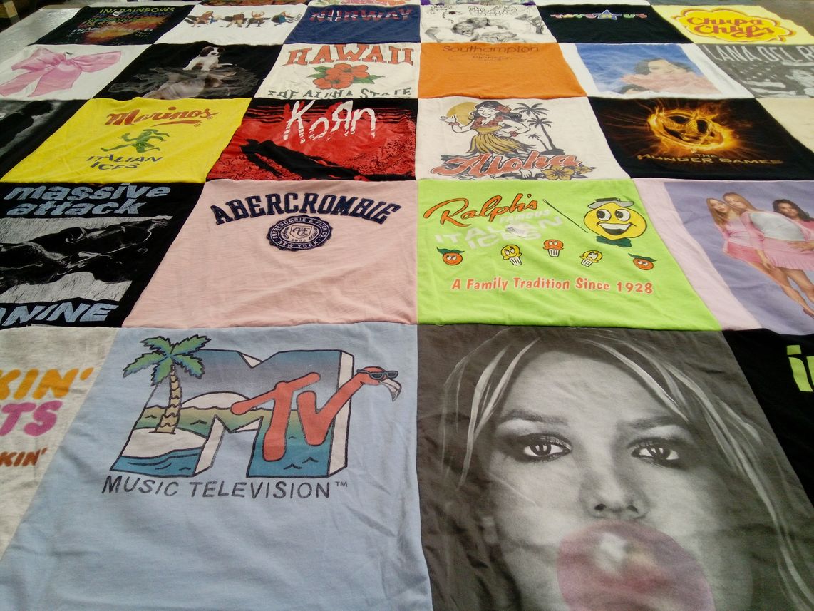 T-shirt quilt with music, pop culture themes by pamela from FL