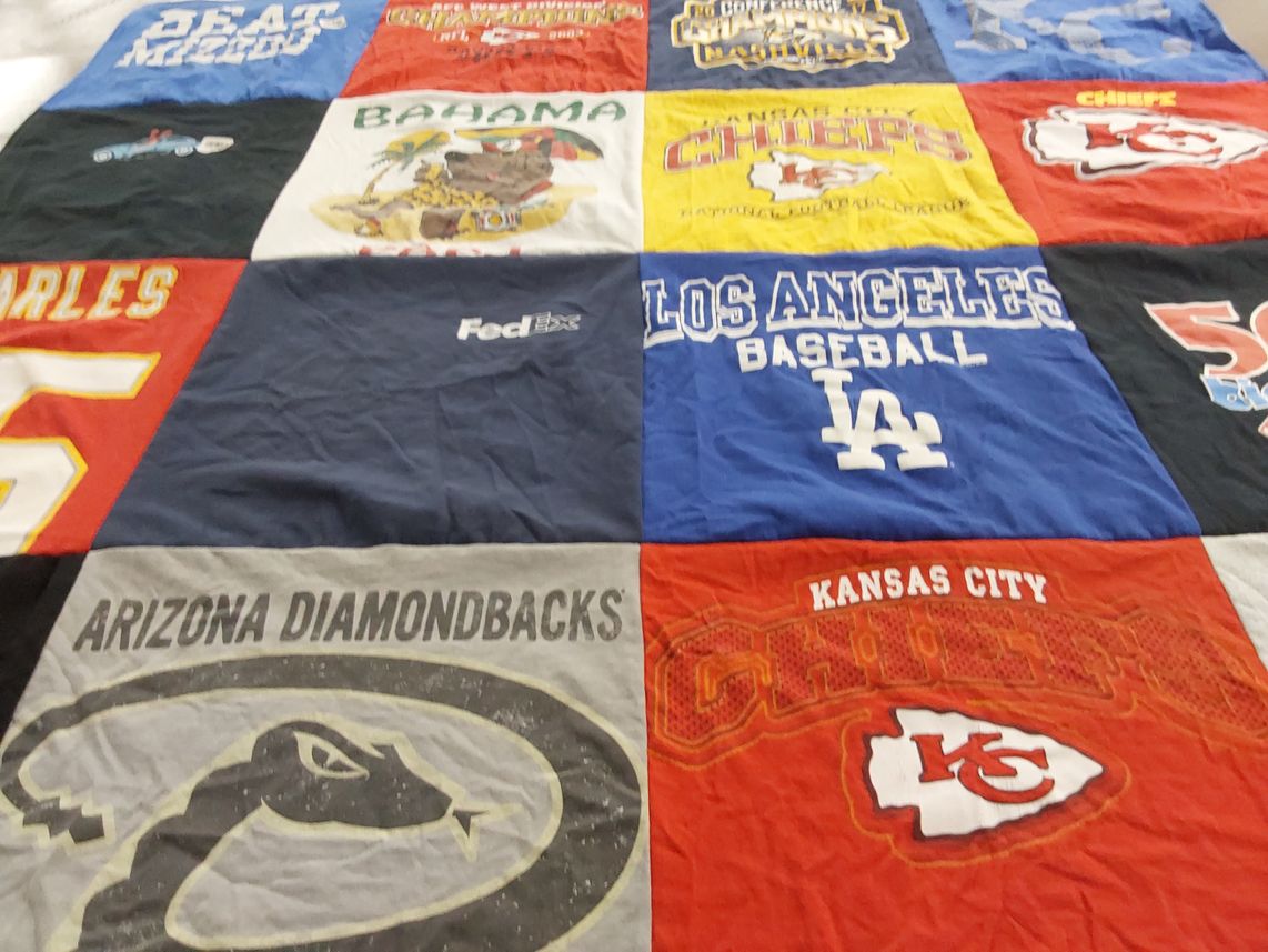 T-shirt quilt featuring kansas city chiefs, arizona diamondbacks by Holly from MO