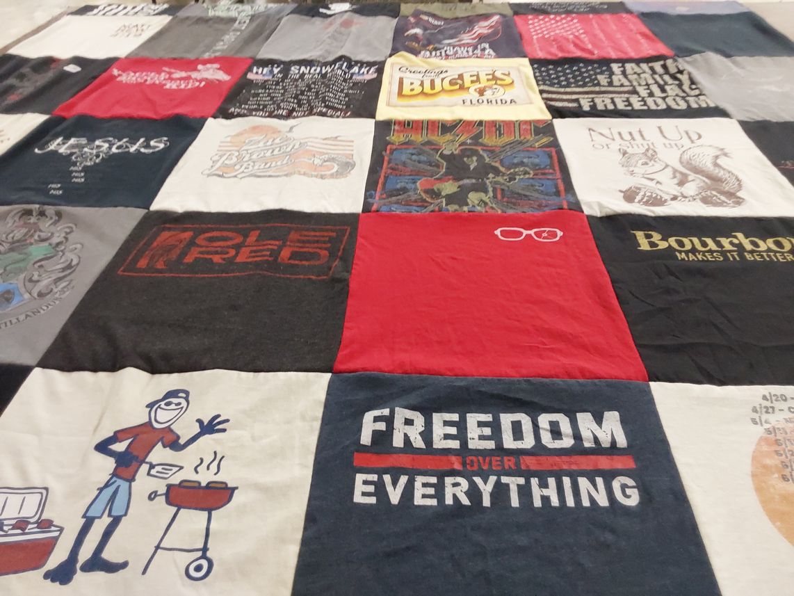 T-shirt quilt with cooking, outdoor activities themes by Charles from GA