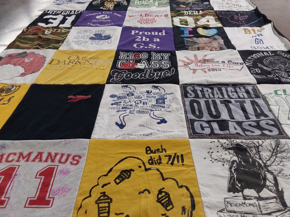T-shirt quilt with community, school spirit themes by Loree from NJ