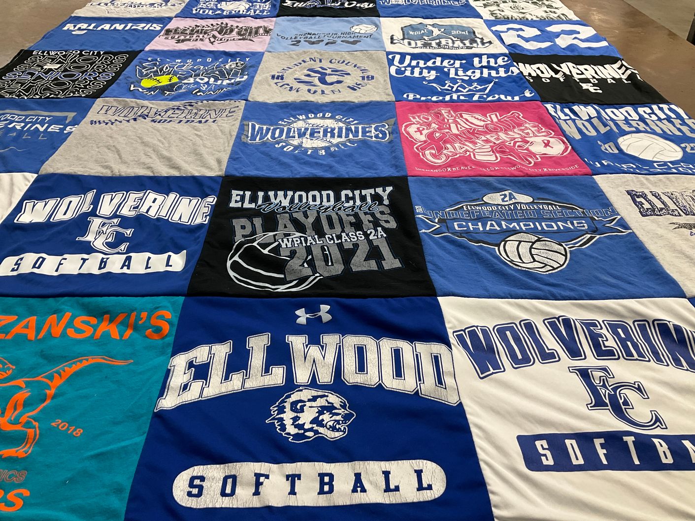 T-shirt quilt featuring ellwood city wolverines softball, ellwood city volleyball by Jo Ann from PA