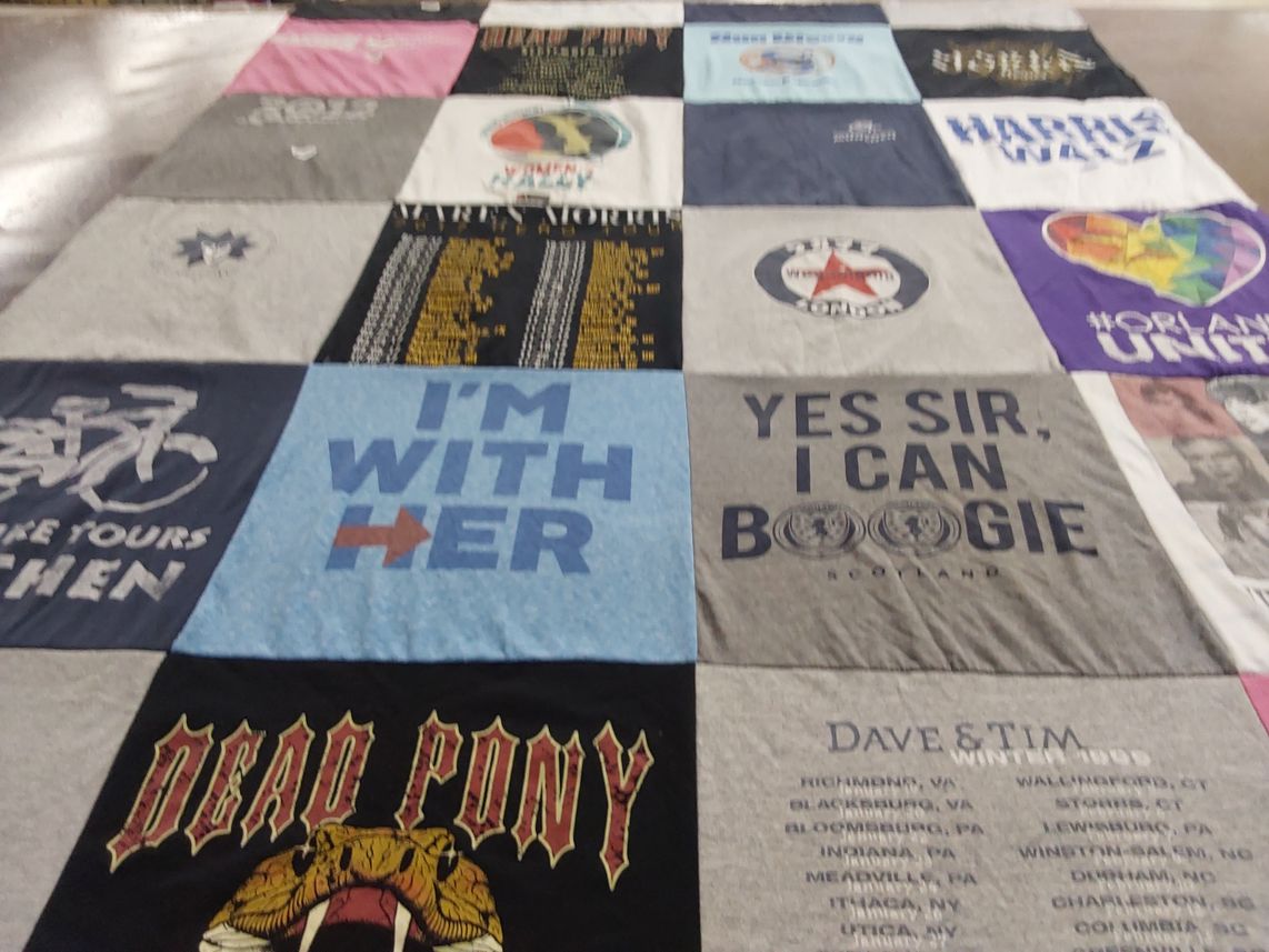 T-shirt quilt with politics, music themes by Jessica from FL