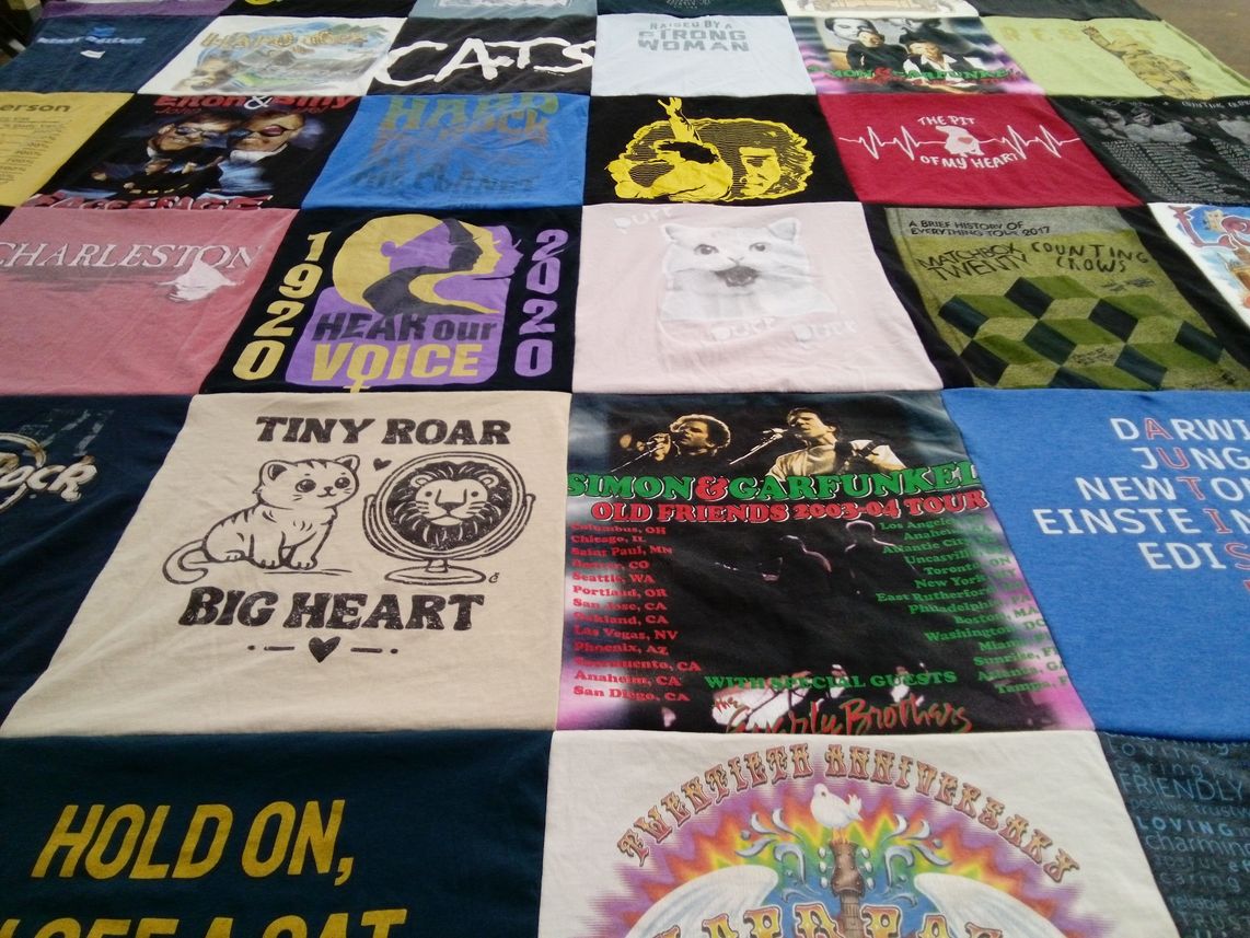 T-shirt quilt with music, cats themes by Karen from GA