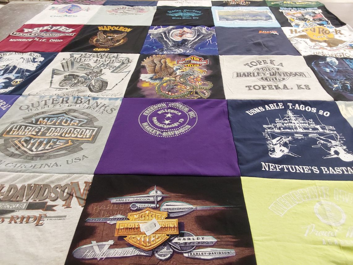 T-shirt quilt with motorcycling, travel themes by Danielle from CO