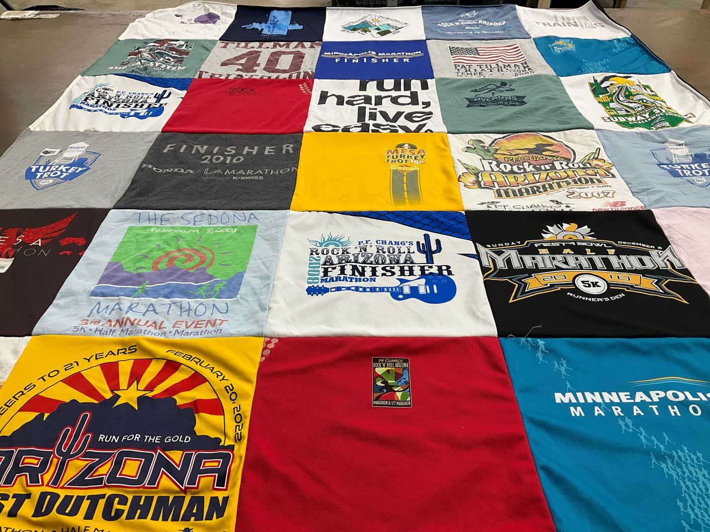 T-shirt quilt with running, marathons themes by Andrea from AZ