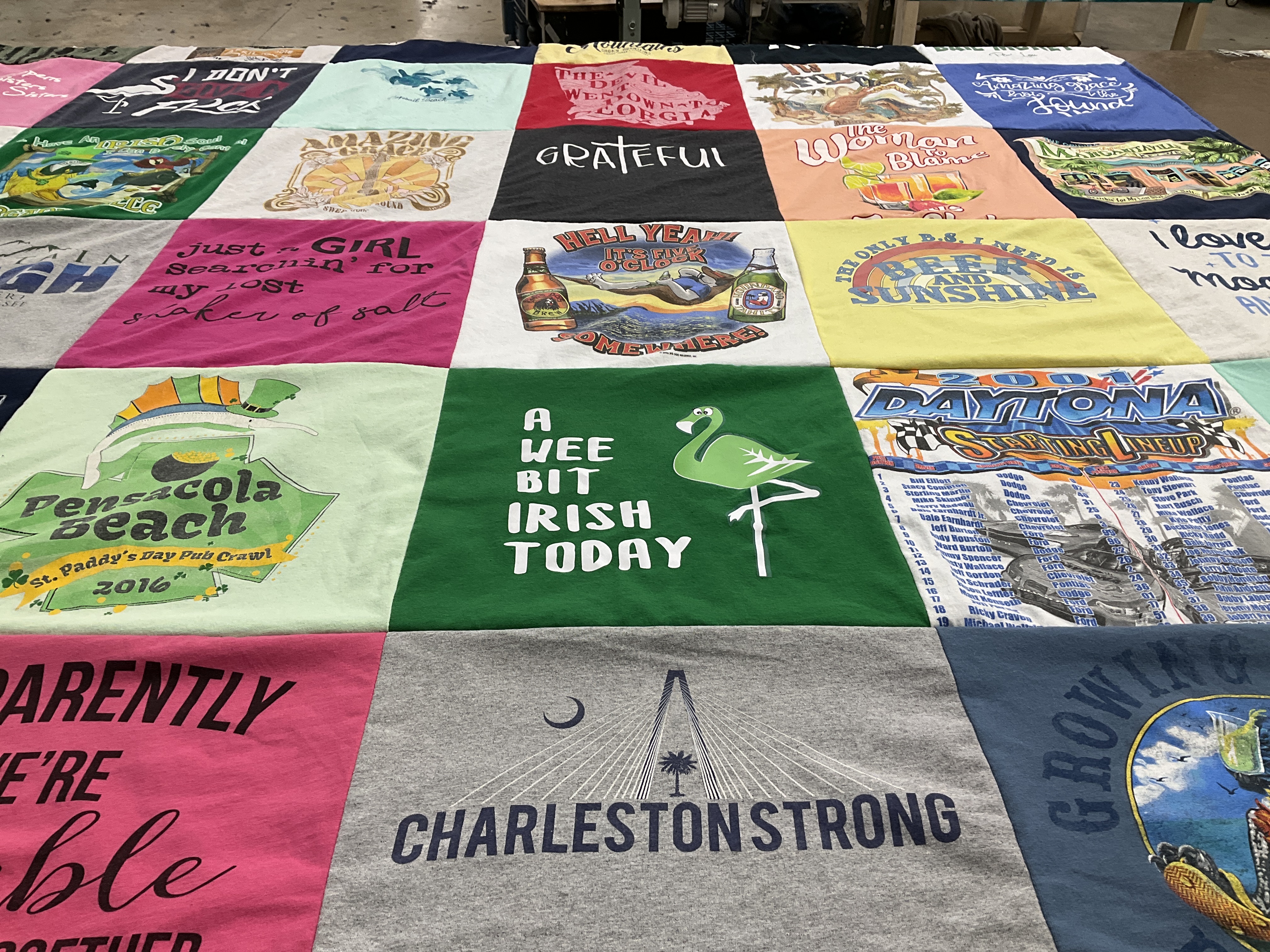 T-shirt quilt with beaches, pub crawls themes by Cindy from SC