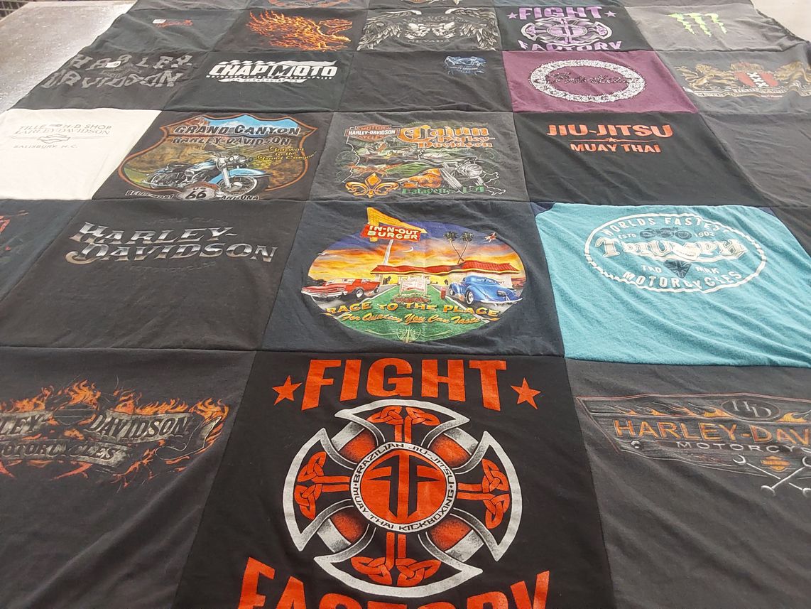 T-shirt quilt with motorcycles, martial arts themes by Gwendolyn from NC