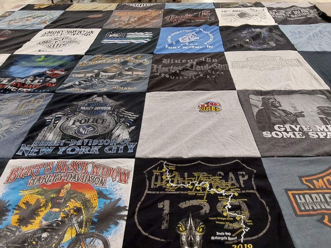 T-shirt quilt with motorcycles, biking themes by Robert from IN
