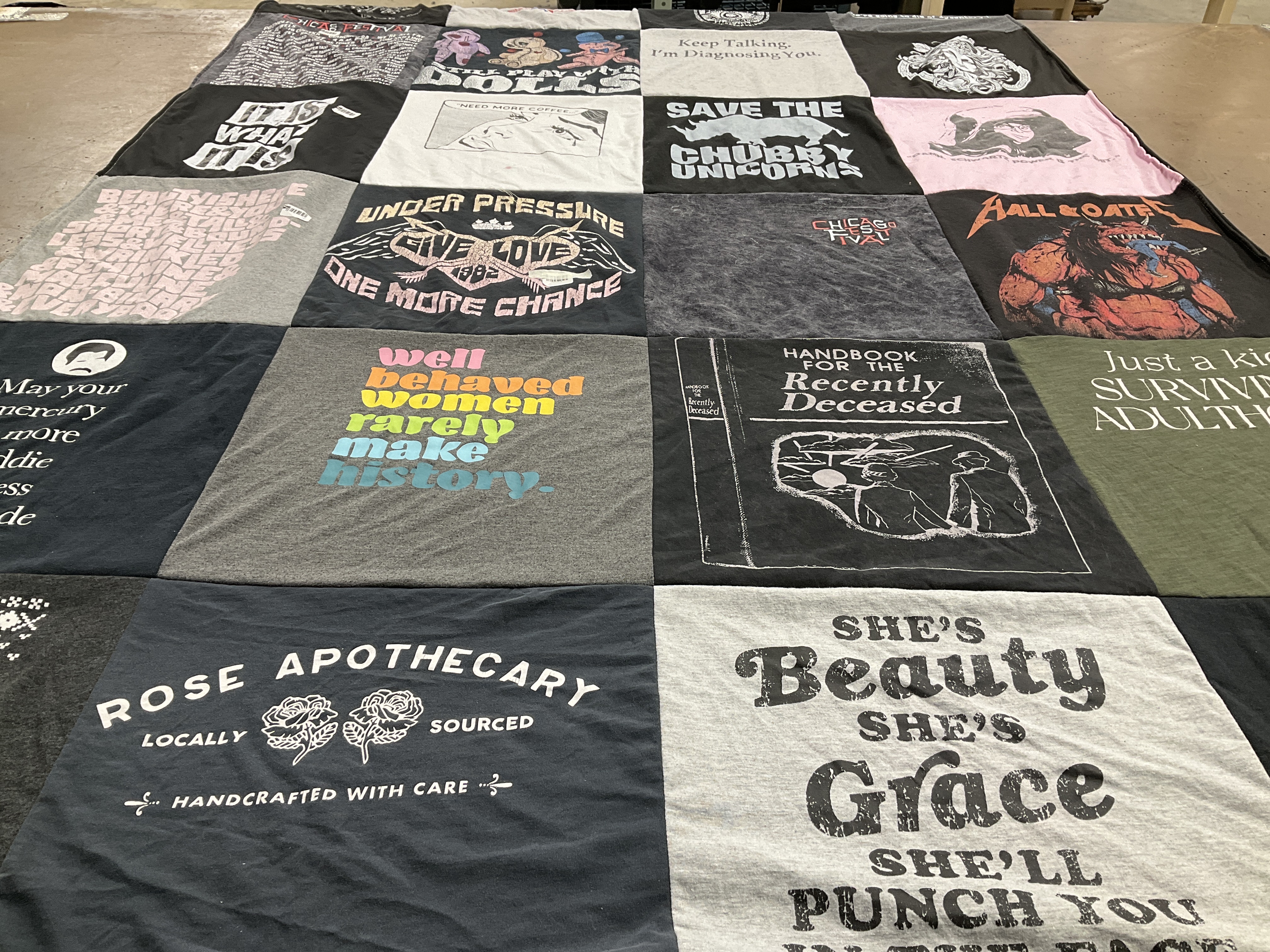 T-shirt quilt with humor, women's empowerment themes by Robert from NV
