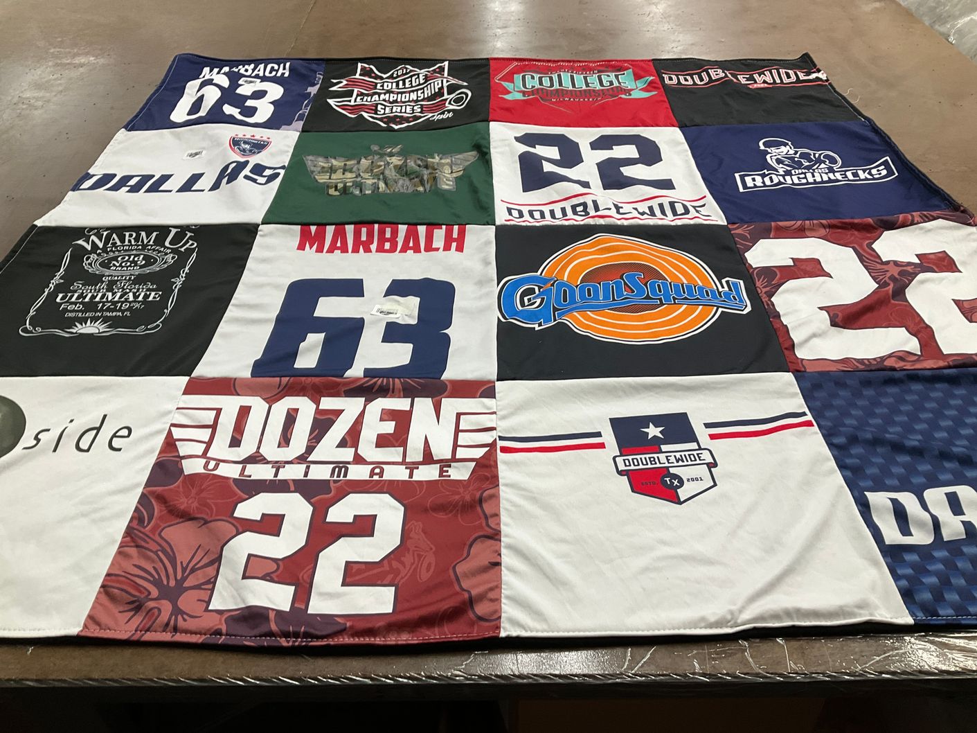 T-shirt quilt with ultimate frisbee themes by Zach from TX