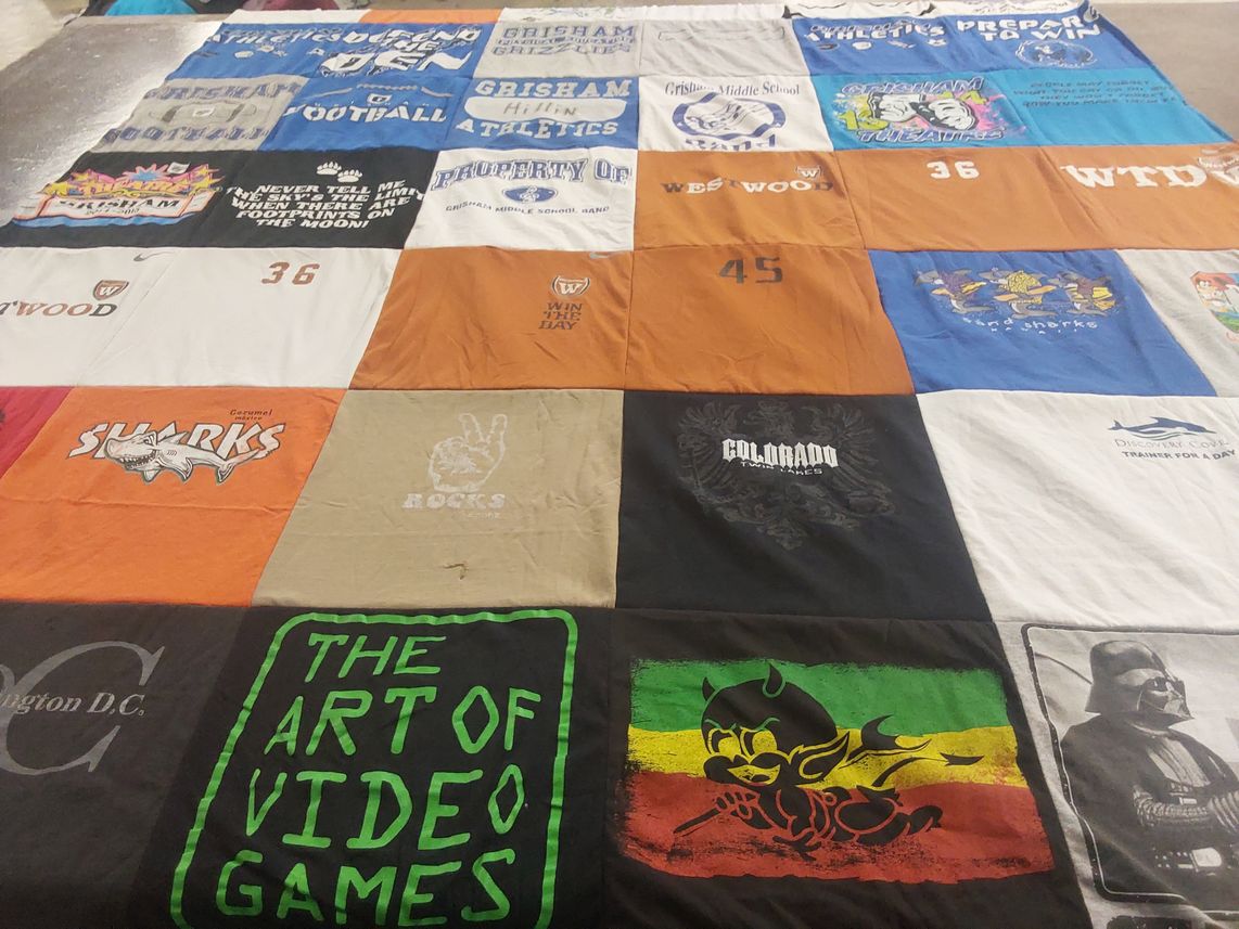 T-shirt quilt featuring caramel sharks by Melanie from CO