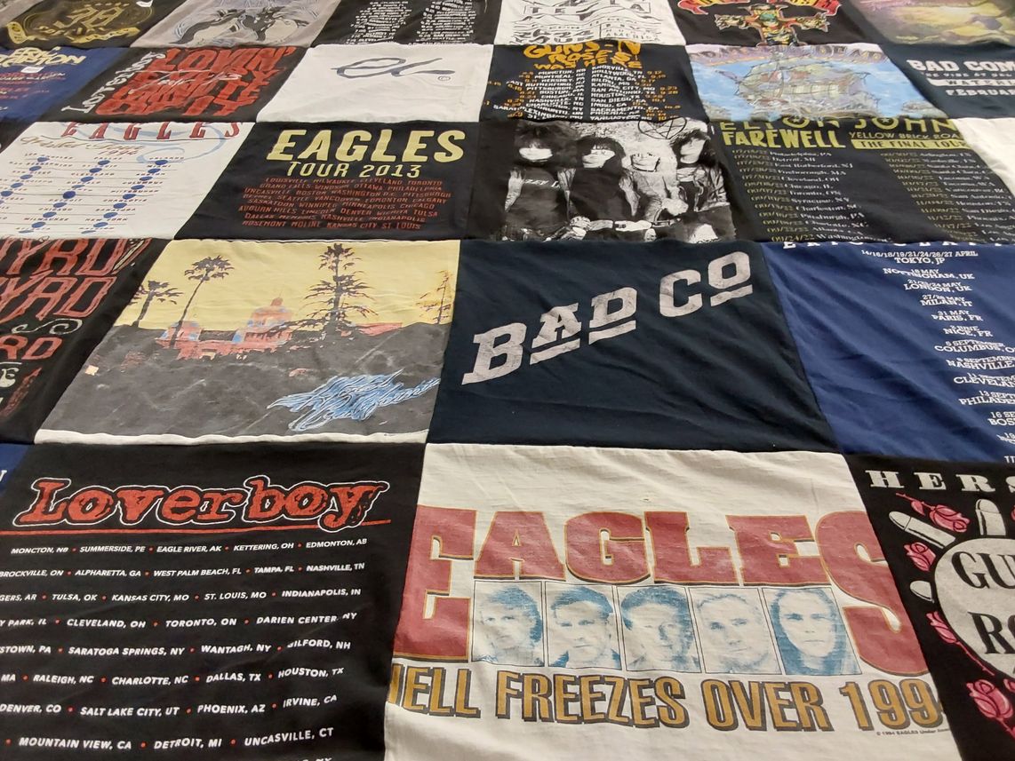 T-shirt quilt with music, concerts themes by Christine from PA