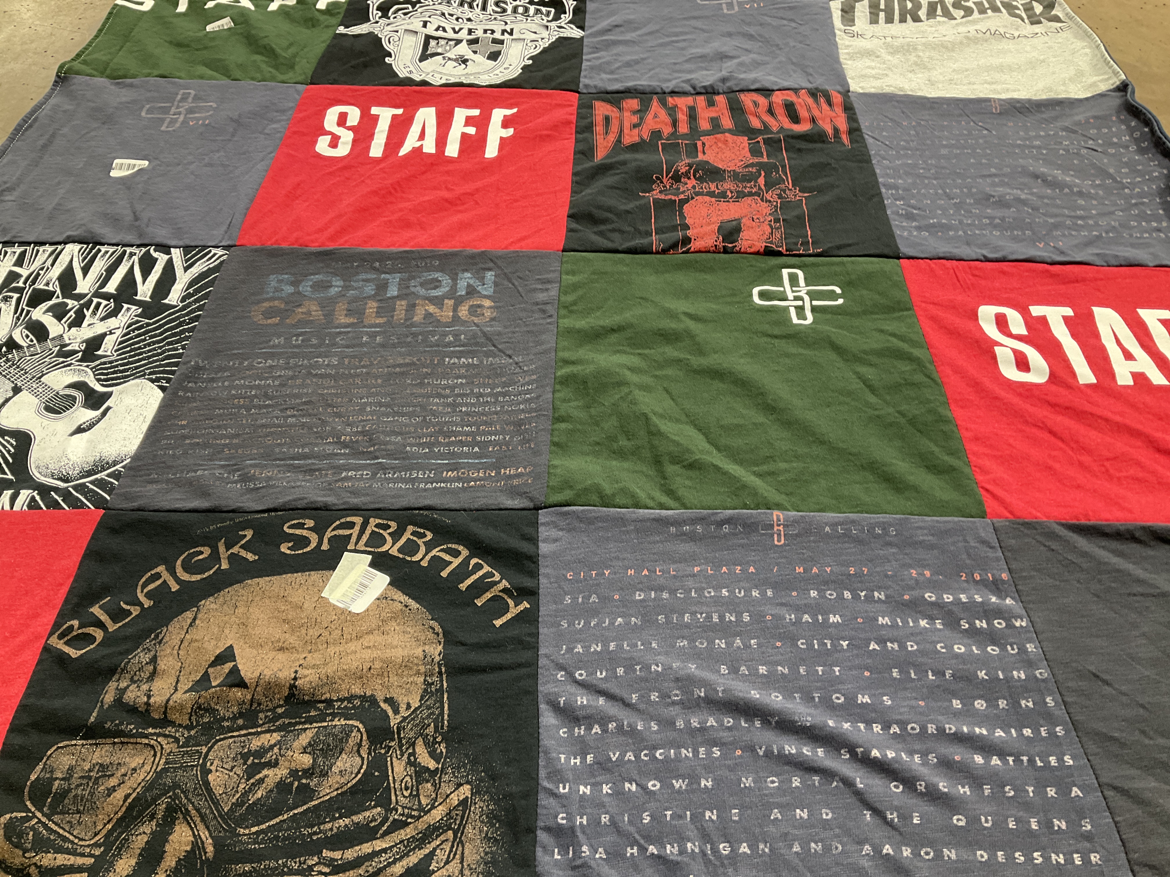 T-shirt quilt with music, skateboarding themes by Kaitlin from TX