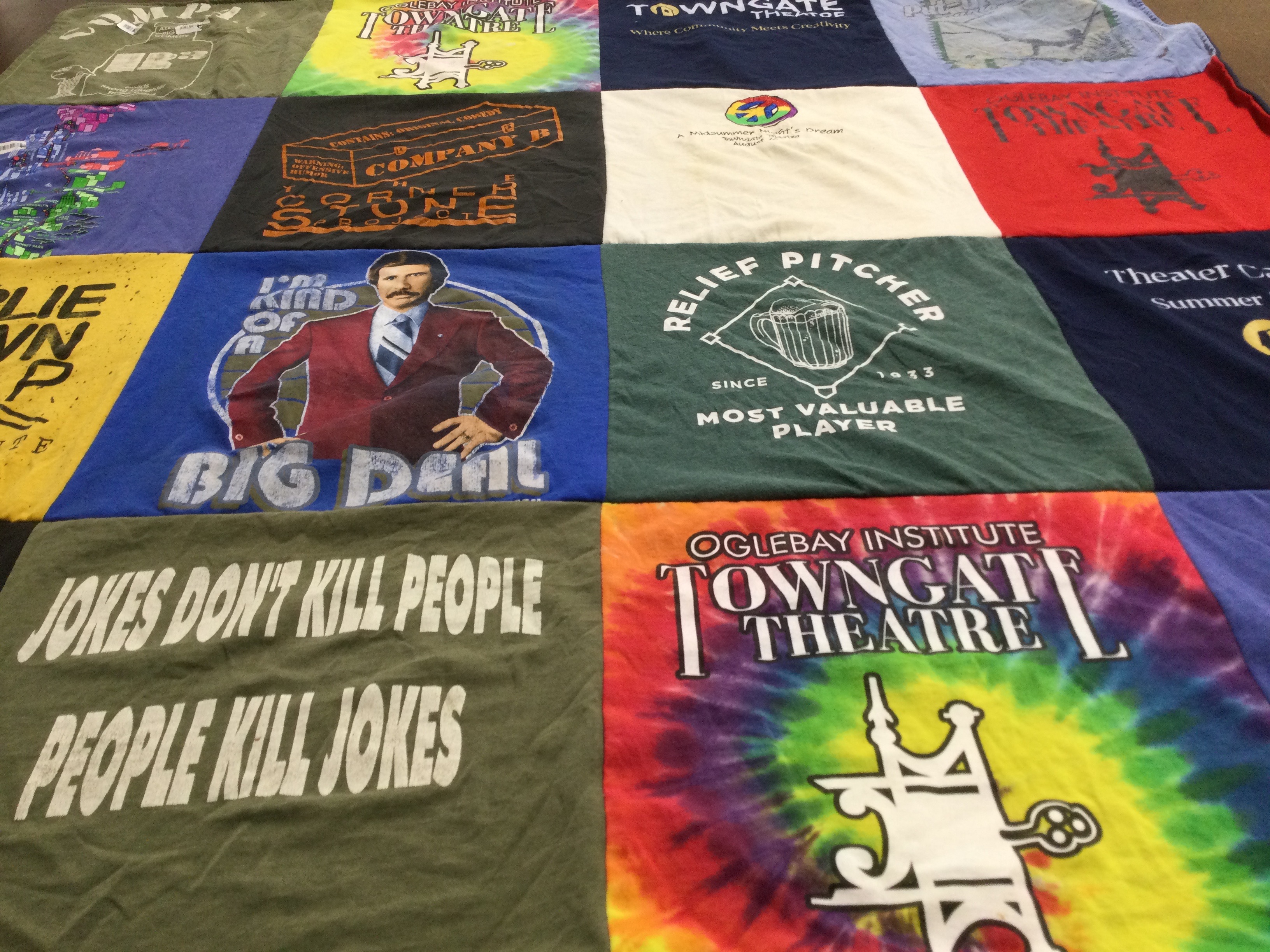 T-shirt quilt with theater, comedy themes by Diana from PA