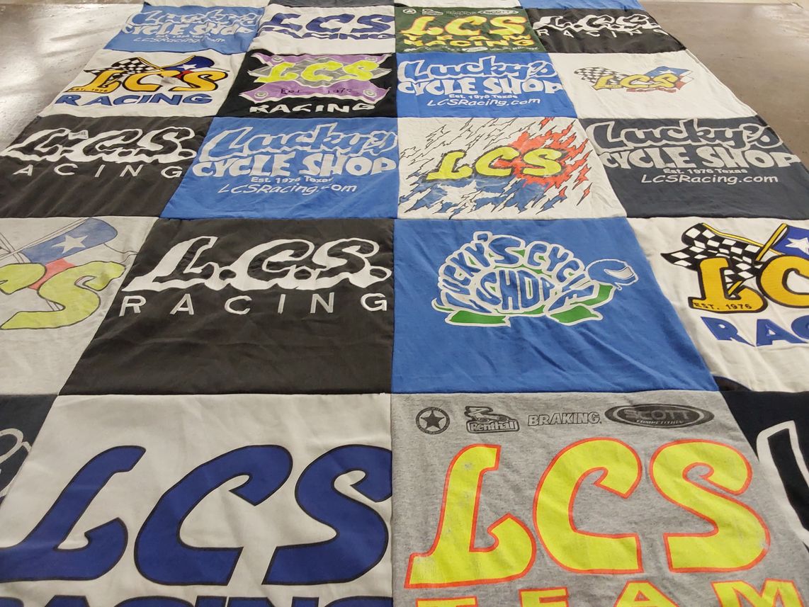 T-shirt quilt with motorcycling, cycling themes by Tara from TX