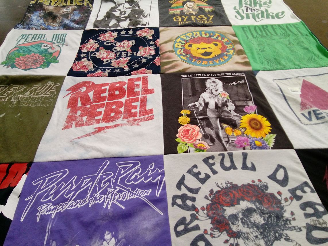 T-shirt quilt with music, rock themes by Amy from MA