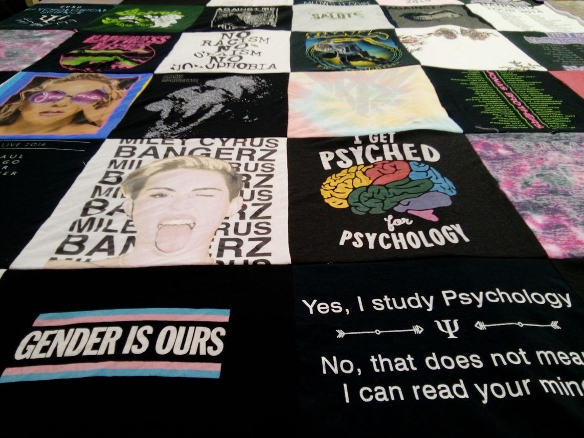 T-shirt quilt with psychology themes by Courtney from CT