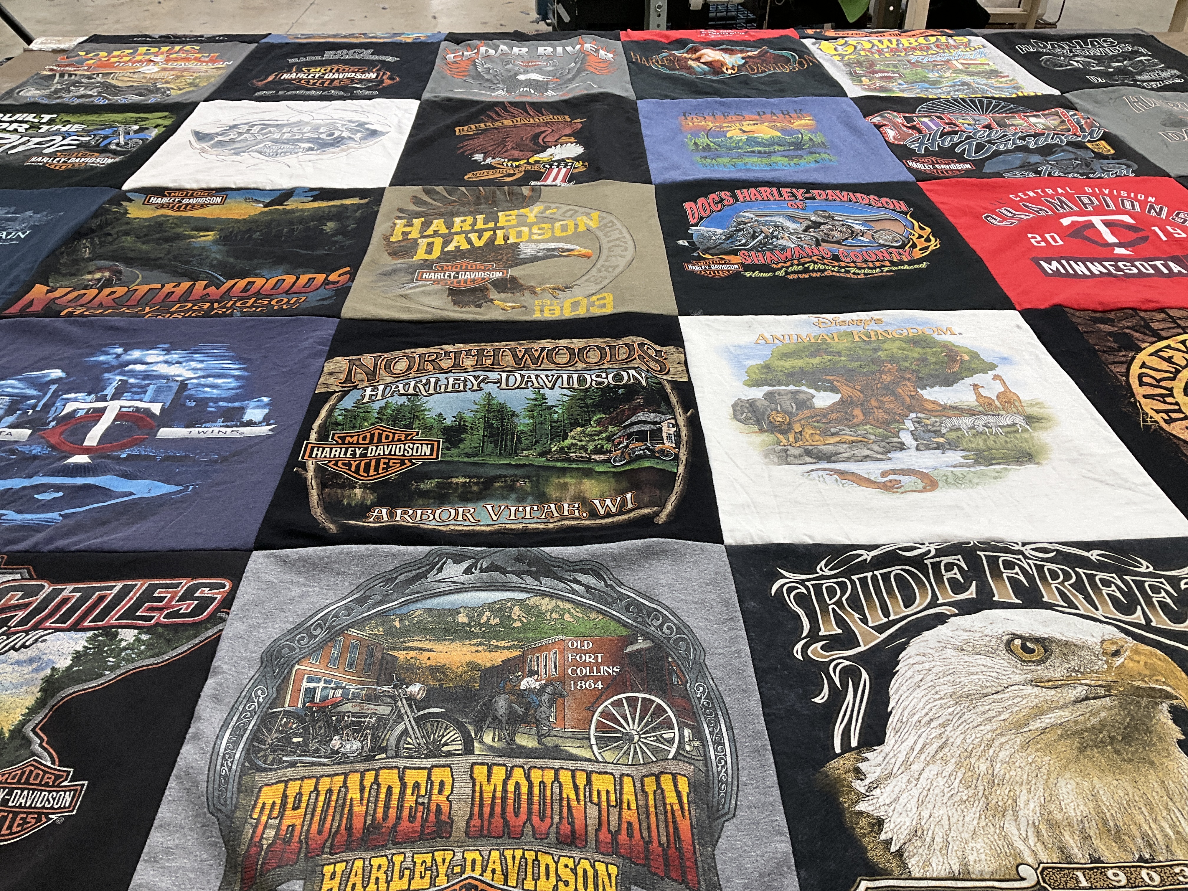 T-shirt quilt with motorcycles, disney themes by Lloyd from MN