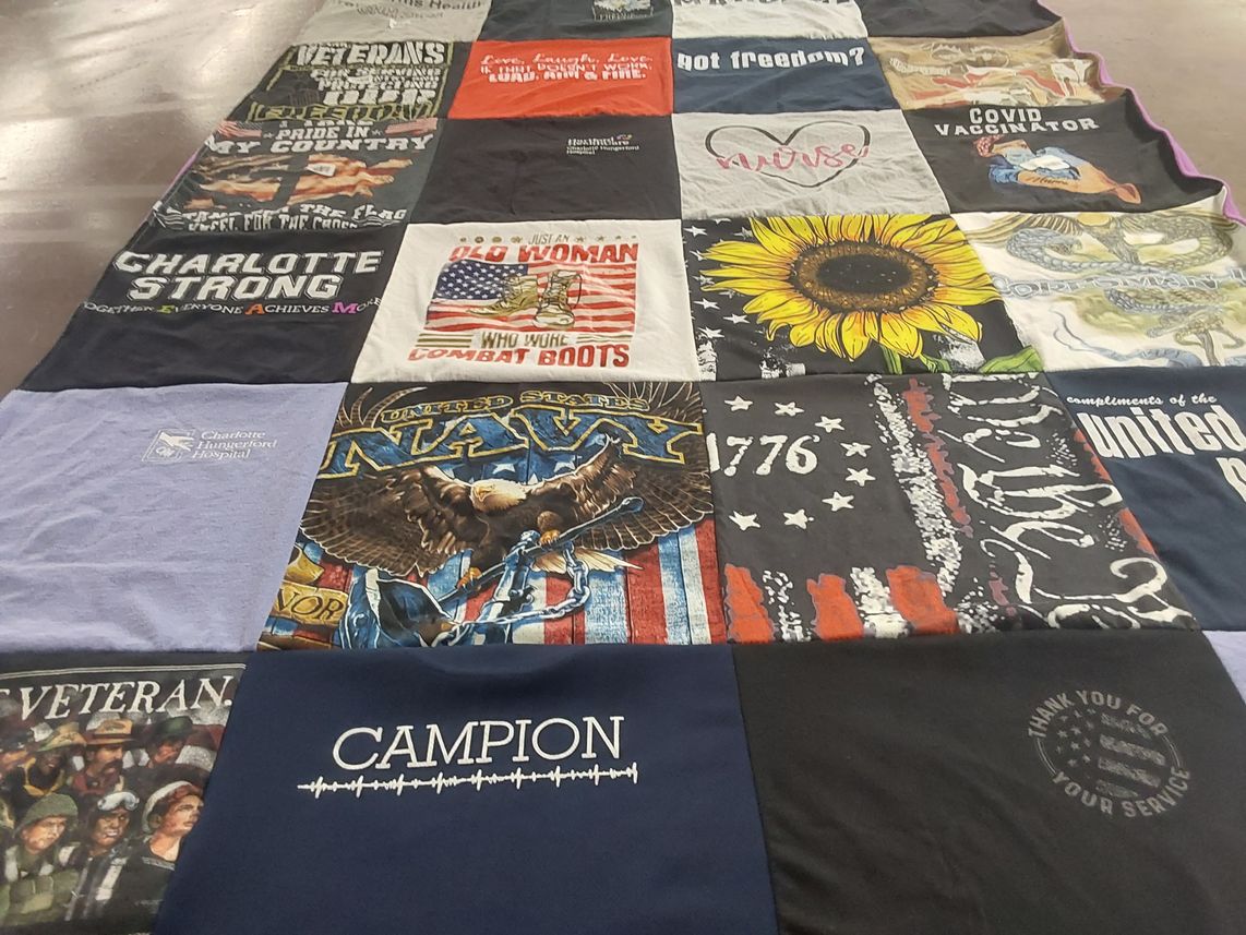 T-shirt quilt with military, healthcare themes by Kristen from CT