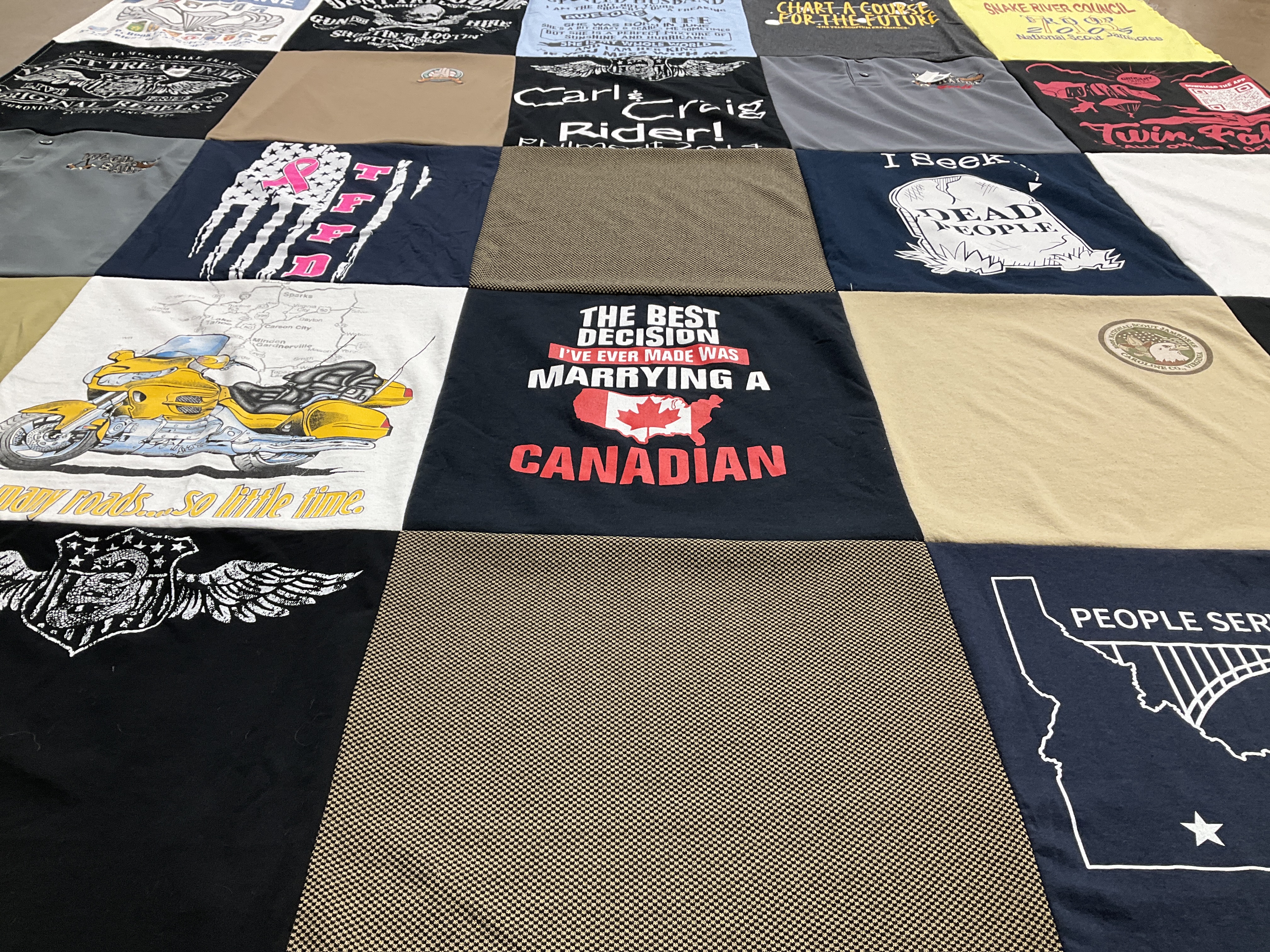 T-shirt quilt with motorcycles, travel themes by JUDY from ID
